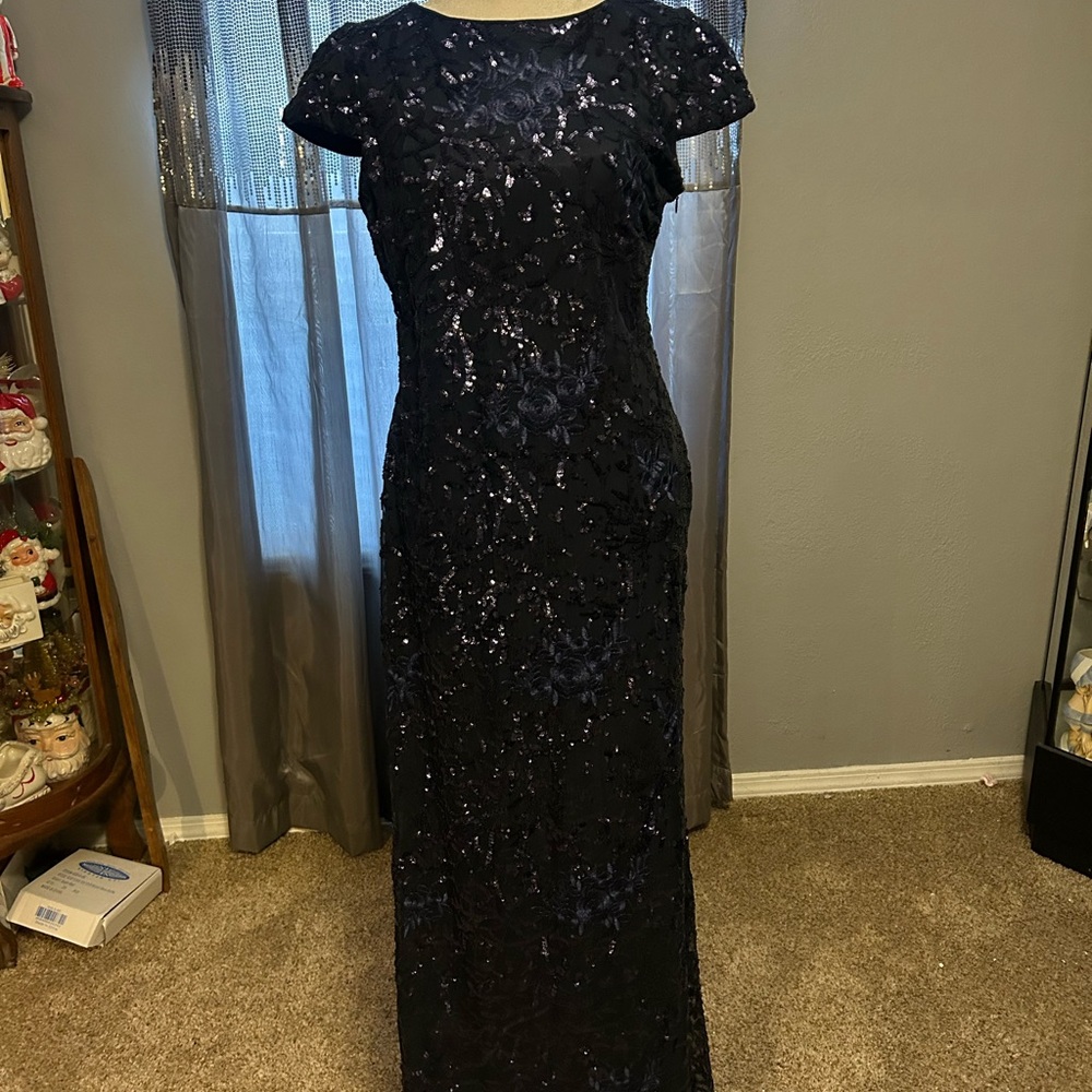 Calvin Klein Navy  Sequin Maxi Dress with Cap Sleeves